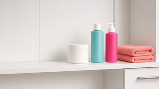 Closed body-care containers arranged on a clean, dry vanity shelf.
